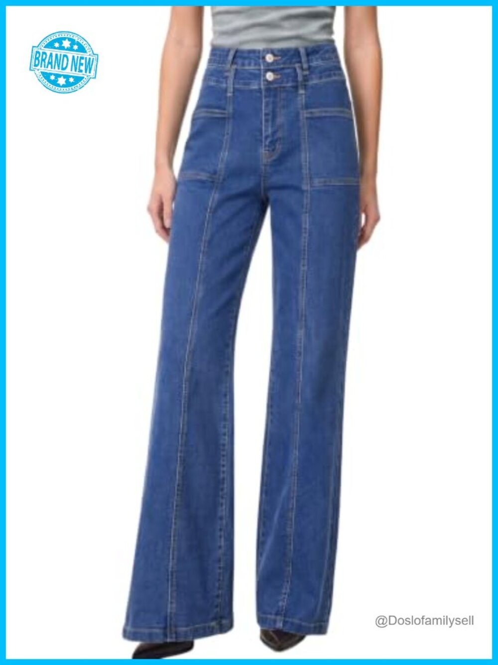 High Waisted Wide Leg Jeans Tummy Control Double Button Stretch Denim